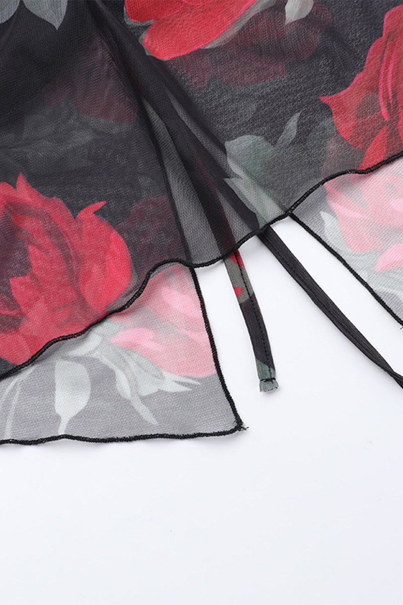 Conjunto de dos piezas de malla con flores sexys, sin tirantes y sin mangas