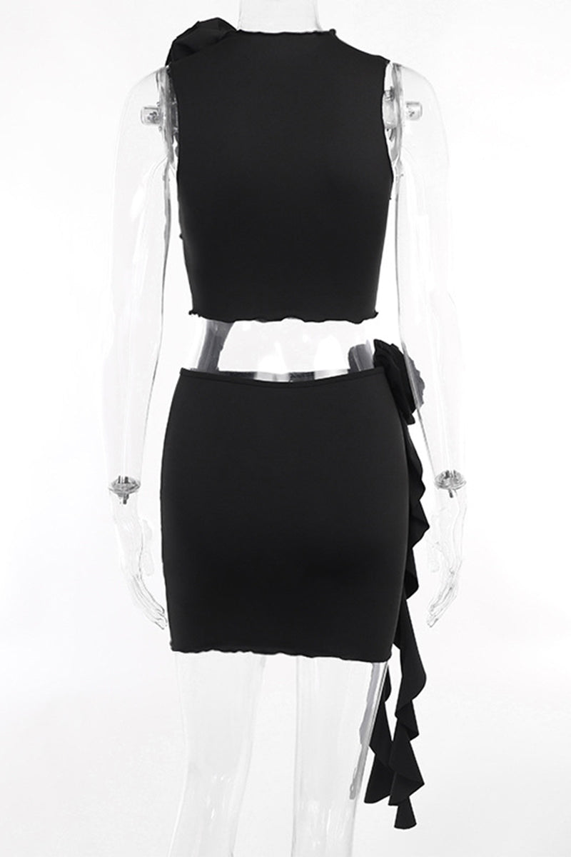 Conjunto de dos piezas sin mangas con cuello de orillo, borlas y flores lisas y sexy (3 colores)