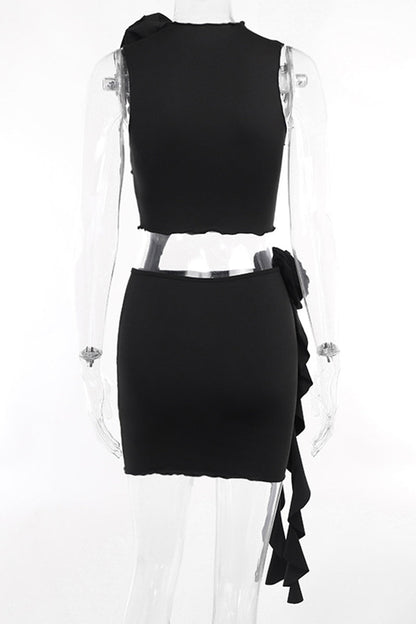 Conjunto de dos piezas sin mangas con cuello de orillo, borlas y flores lisas y sexy (3 colores)