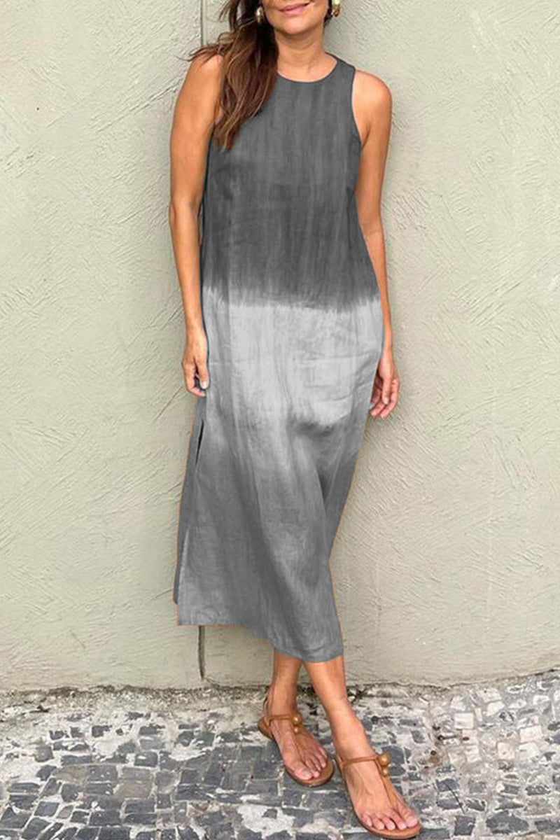 Vestidos largos casuales con abertura en el escote redondo y degradado (8 colores)