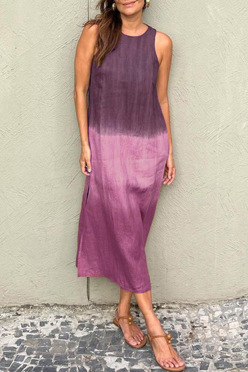 Vestidos largos casuales con abertura en el escote redondo y degradado (8 colores)