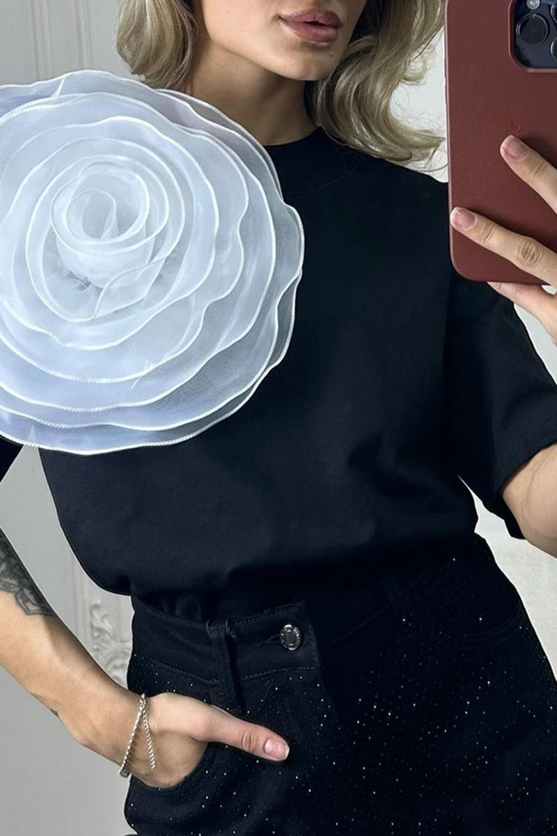 Camisetas casuales con cuello redondo y estampado floral liso (4 colores)