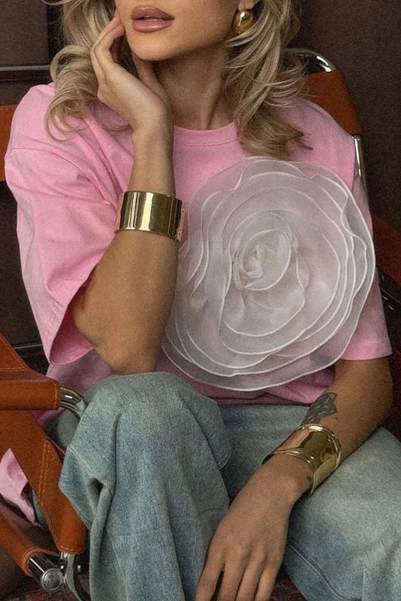 Camisetas casuales con cuello redondo y estampado floral liso (4 colores)