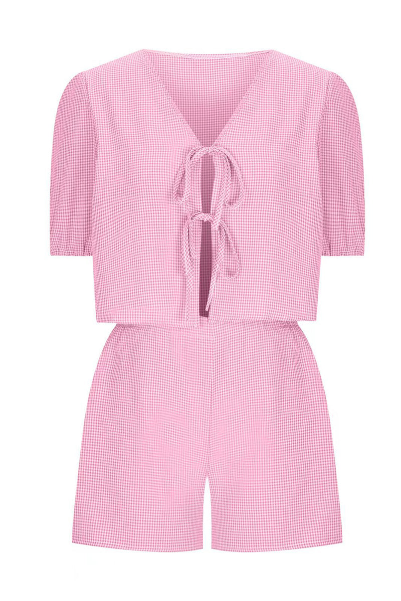 Conjunto informal de dos piezas con cuello en U, manga corta y bolsillo tipo vendaje a cuadros