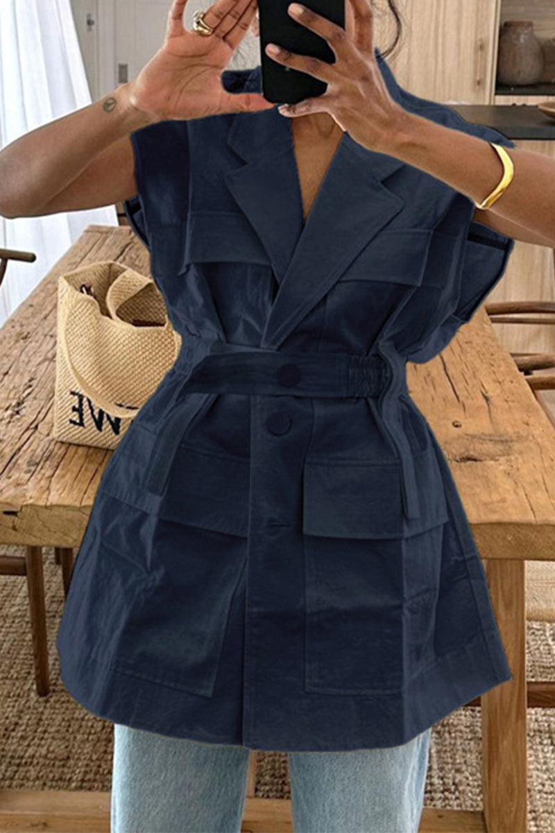 Blusa informal lisa con botones y bolsillos, cuello vuelto (4 colores)