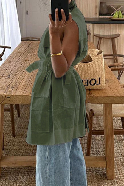 Blusa informal lisa con botones y bolsillos, cuello vuelto (4 colores)