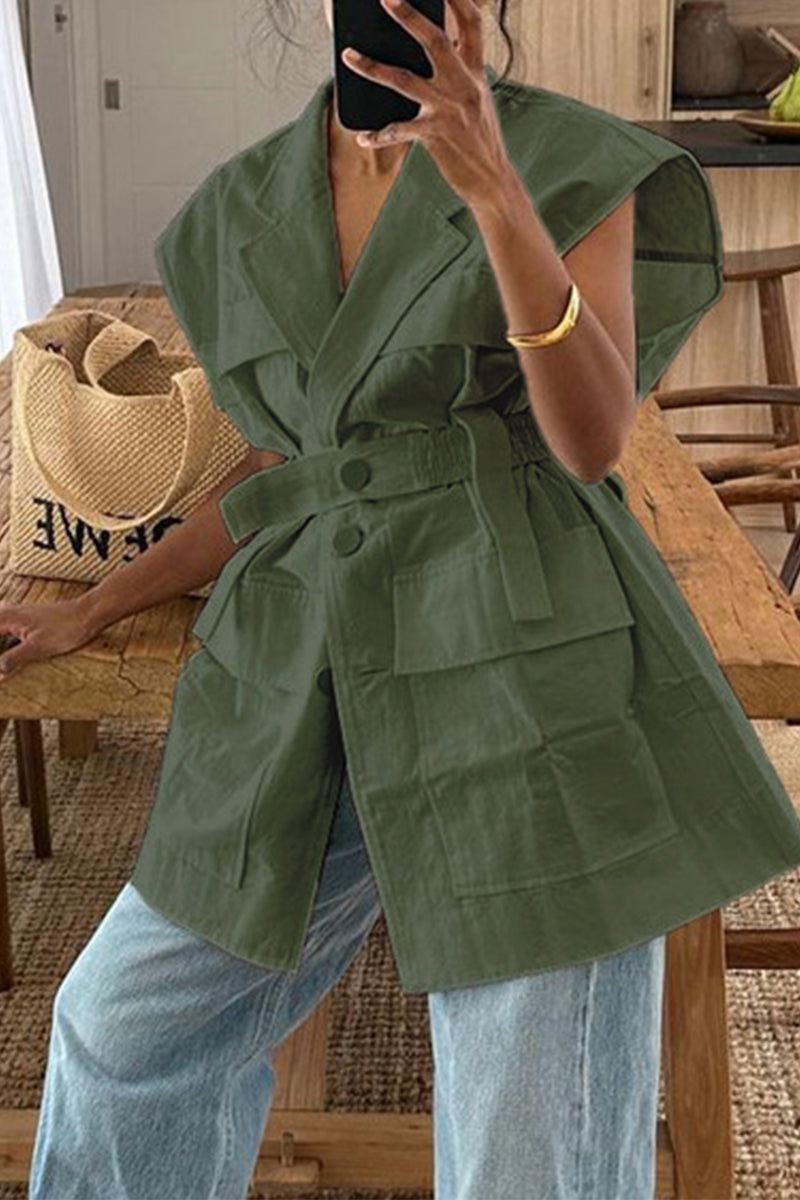 Blusa informal lisa con botones y bolsillos, cuello vuelto (4 colores)