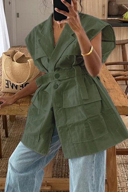 Blusa informal lisa con botones y bolsillos, cuello vuelto (4 colores)
