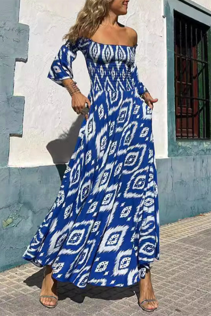 Elegantes vestidos de corte A con hombros descubiertos y estampado geométrico