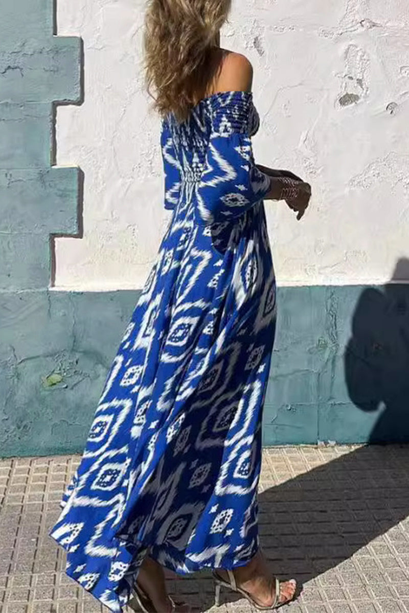 Elegantes vestidos de corte A con hombros descubiertos y estampado geométrico