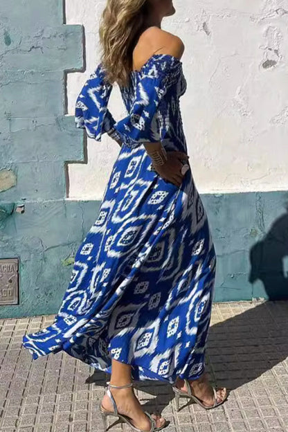 Elegantes vestidos de corte A con hombros descubiertos y estampado geométrico