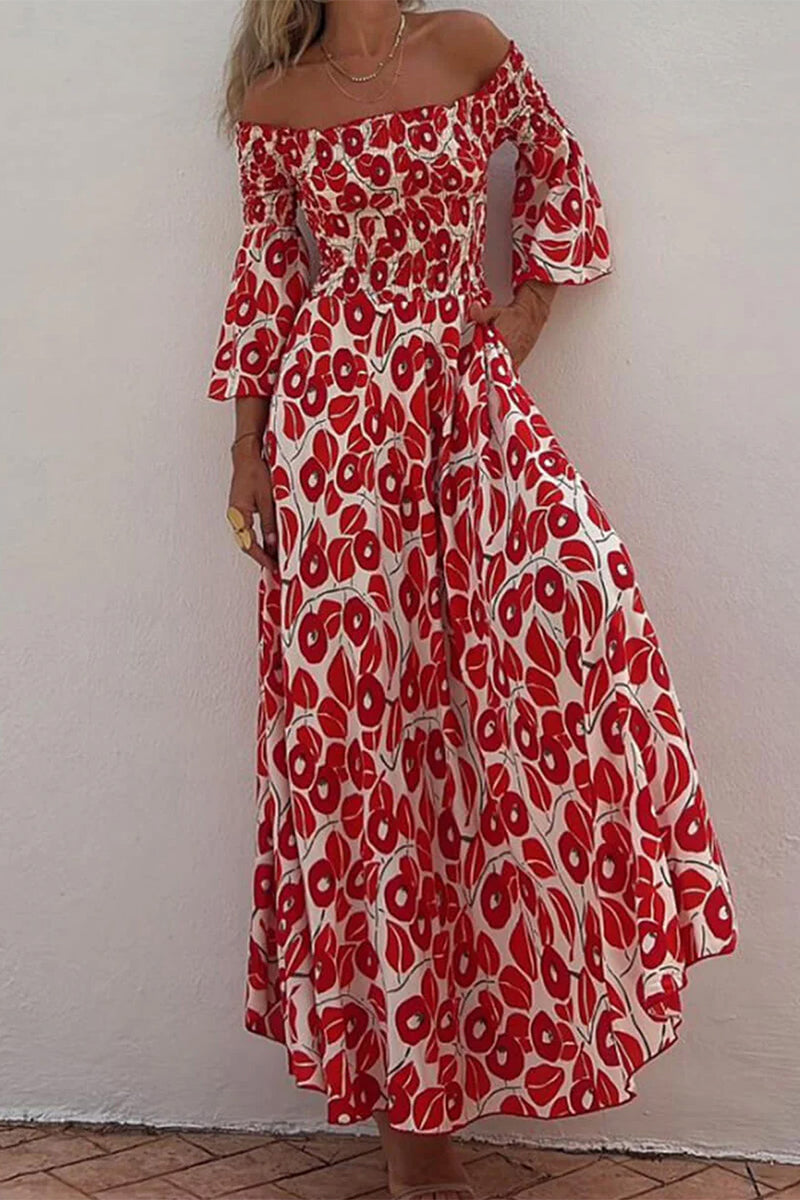 Elegante vestido de corte A con hombros descubiertos y bolsillos florales