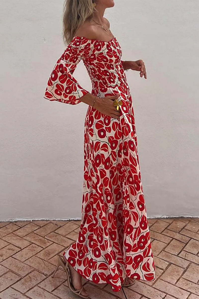 Elegante vestido de corte A con hombros descubiertos y bolsillos florales