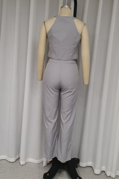 Conjunto informal de dos piezas sin mangas con cuello redondo, bolsillos sólidos y botones, estilo británico