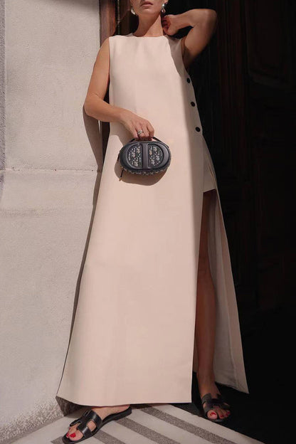 Vestidos casuales sin mangas con cuello redondo y botones sólidos