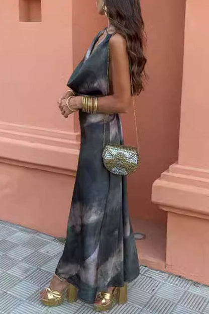 Vestidos sexis de falda de un solo paso con cuello bufanda y estampado degradado en contraste