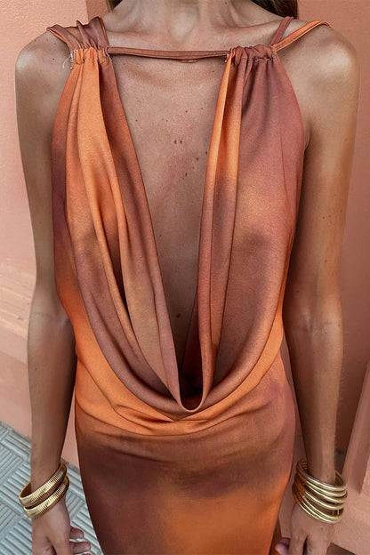 Vestidos sexis de falda de un solo paso con cuello bufanda y estampado degradado en contraste