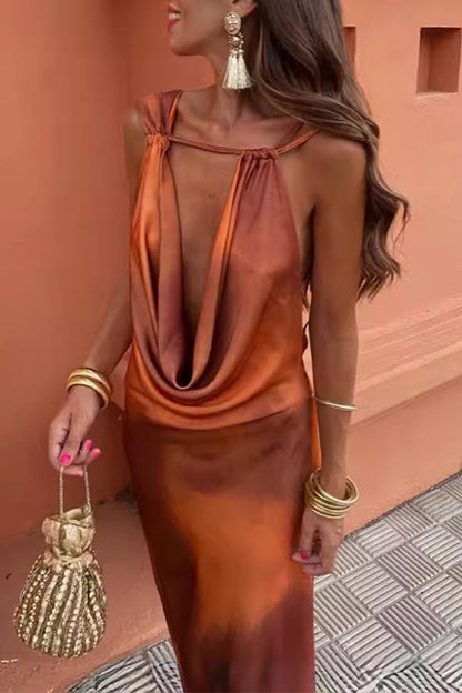 Vestidos sexis de falda de un solo paso con cuello bufanda y estampado degradado en contraste