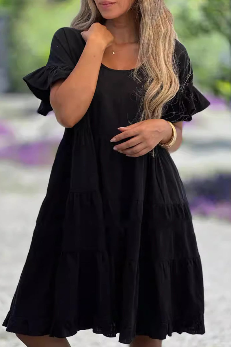 Vestido informal sencillo de manga corta con volantes, cuello redondo y corte A (3 colores)