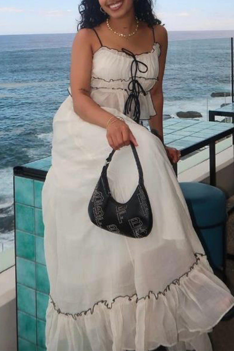 Conjunto de dos piezas sin mangas, elegante y dulce, con escote en U y lazo, color liso