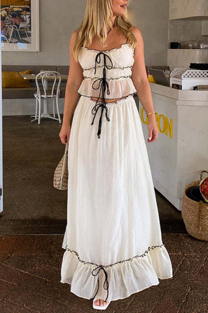 Conjunto de dos piezas sin mangas, elegante y dulce, con escote en U y lazo, color liso