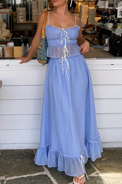 Conjunto de dos piezas sin mangas, elegante y dulce, con escote en U y lazo, color liso