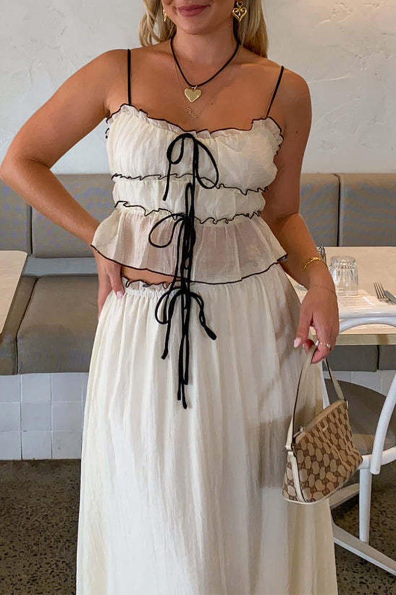 Conjunto de dos piezas sin mangas, elegante y dulce, con escote en U y lazo, color liso