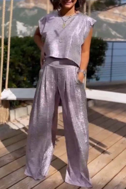 Conjunto informal de dos piezas, liso, básico, cuello redondo, sin mangas (sujeto al modelo real) (6 colores)