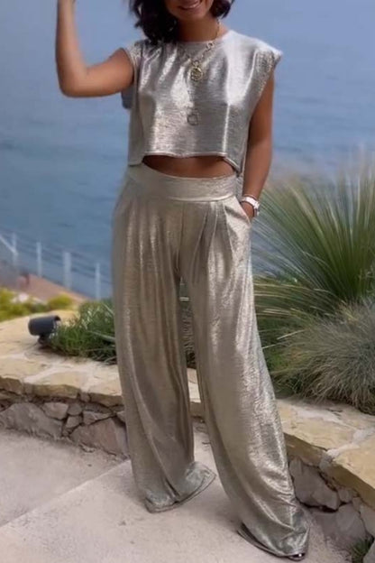 Conjunto informal de dos piezas, liso, básico, cuello redondo, sin mangas (sujeto al modelo real) (6 colores)