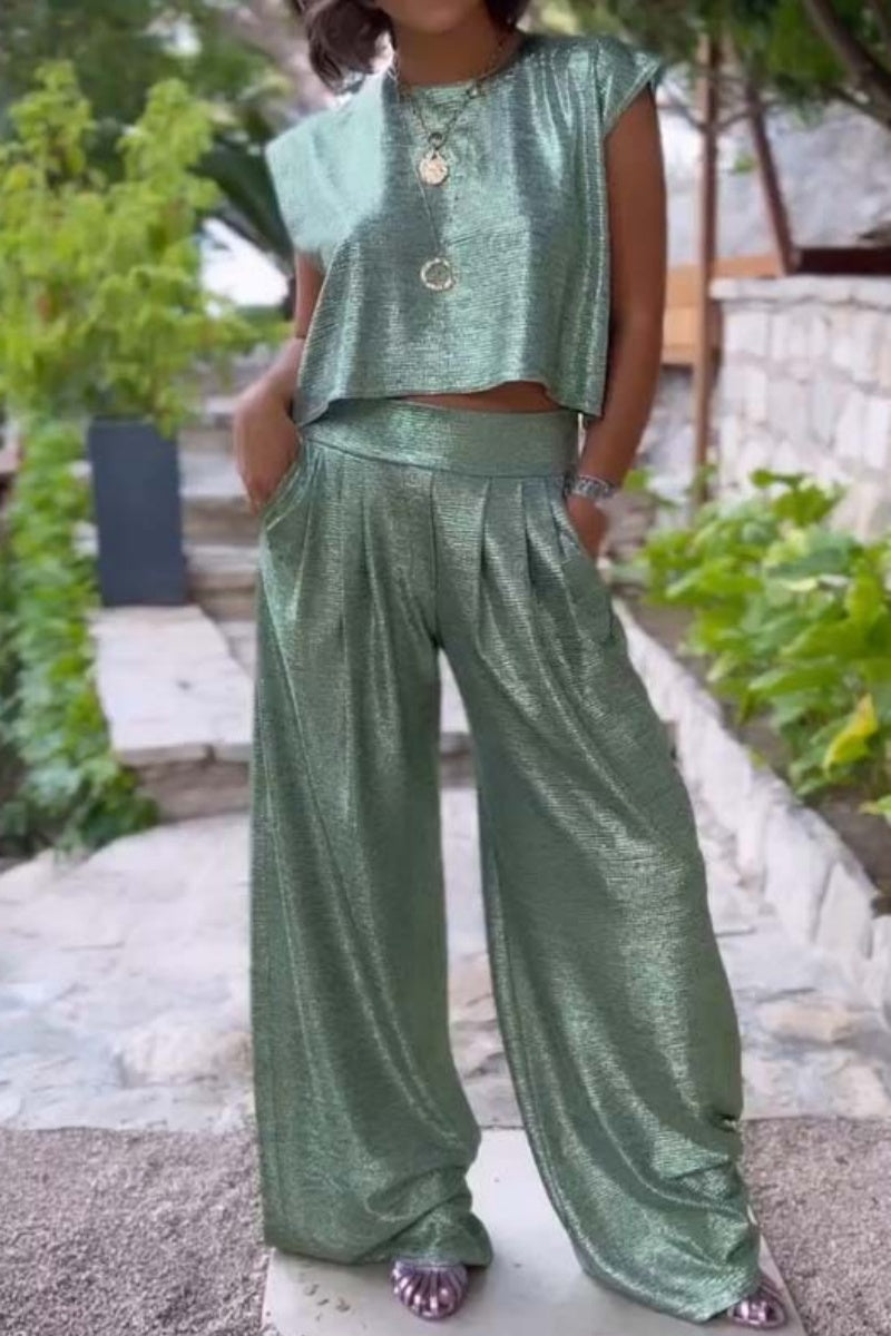 Conjunto informal de dos piezas, liso, básico, cuello redondo, sin mangas (sujeto al modelo real) (6 colores)