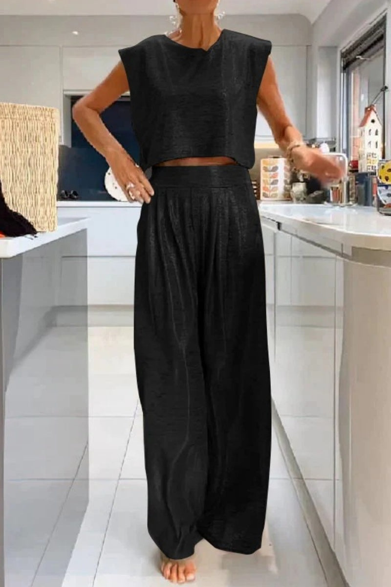 Conjunto informal de dos piezas, liso, básico, cuello redondo, sin mangas (sujeto al modelo real) (6 colores)