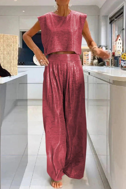 Conjunto informal de dos piezas, liso, básico, cuello redondo, sin mangas (sujeto al modelo real) (6 colores)