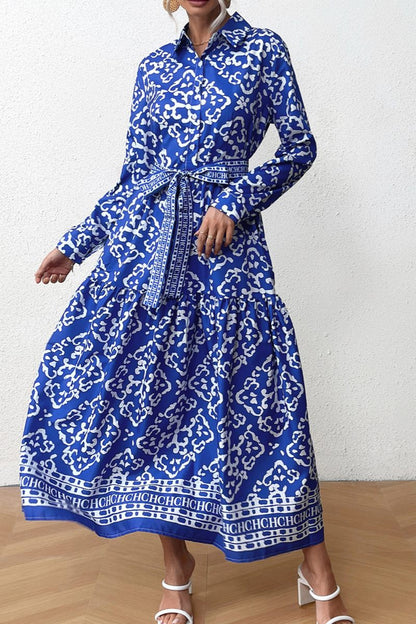 Vestidos casuales de manga larga con cuello camisero y estampado de patchwork