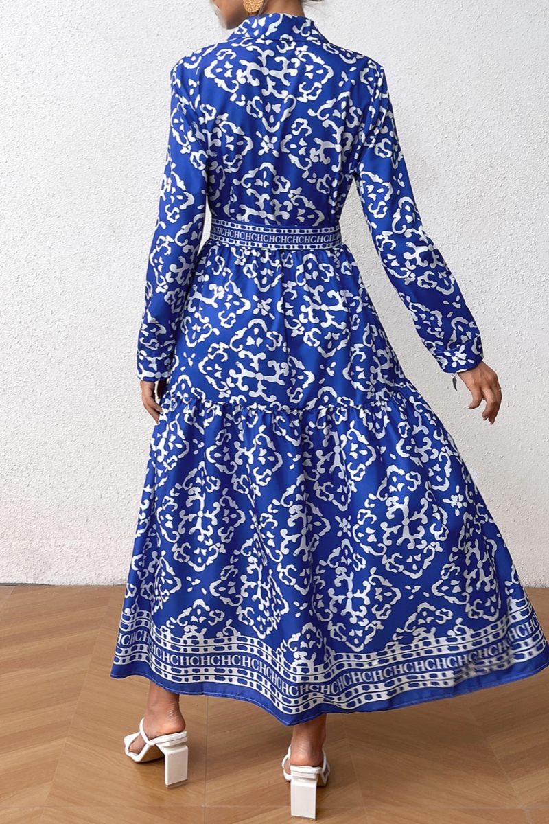 Vestidos casuales de manga larga con cuello camisero y estampado de patchwork