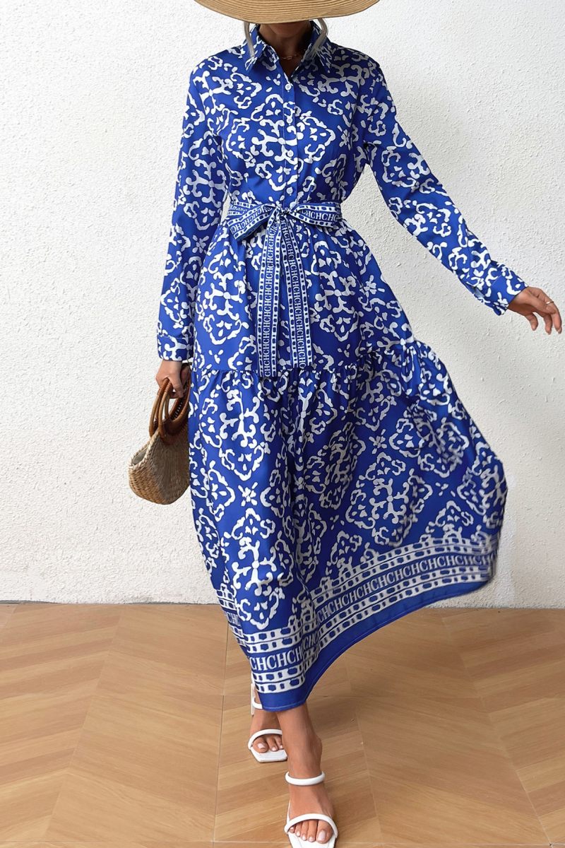 Vestidos casuales de manga larga con cuello camisero y estampado de patchwork