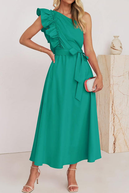 Vestidos elegantes de corte A con cuello oblicuo, banda elástica y orillo de hilo (5 colores)