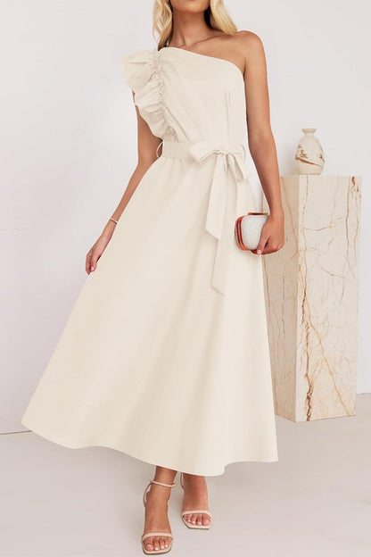 Vestidos elegantes de corte A con cuello oblicuo, banda elástica y orillo de hilo (5 colores)