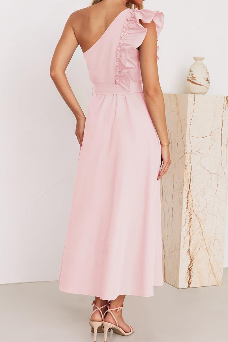 Vestidos elegantes de corte A con cuello oblicuo, banda elástica y orillo de hilo (5 colores)