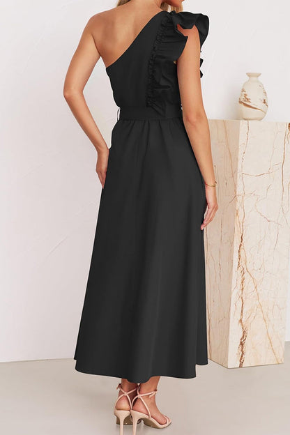 Vestidos elegantes de corte A con cuello oblicuo, banda elástica y orillo de hilo (5 colores)