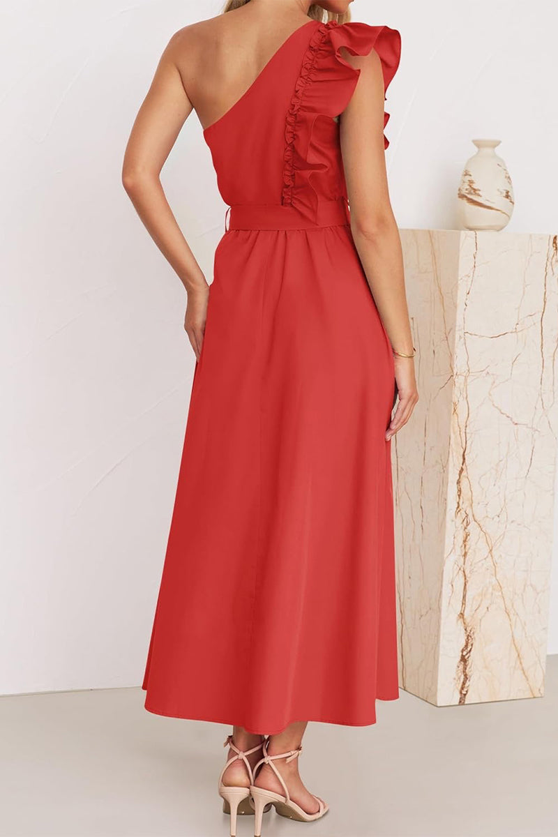 Vestidos elegantes de corte A con cuello oblicuo, banda elástica y orillo de hilo (5 colores)