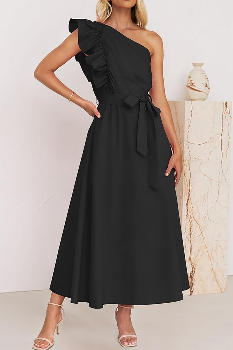 Vestidos elegantes de corte A con cuello oblicuo, banda elástica y orillo de hilo (5 colores)