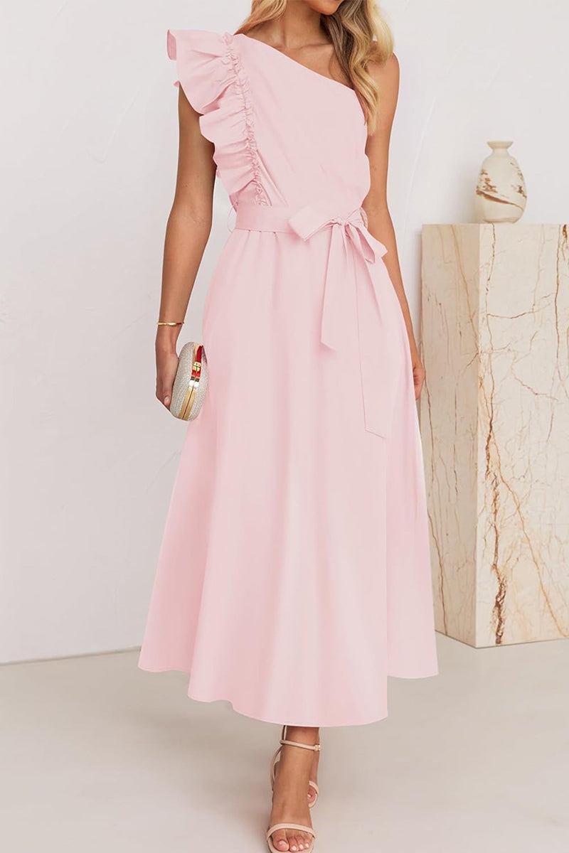 Vestidos elegantes de corte A con cuello oblicuo, banda elástica y orillo de hilo (5 colores)