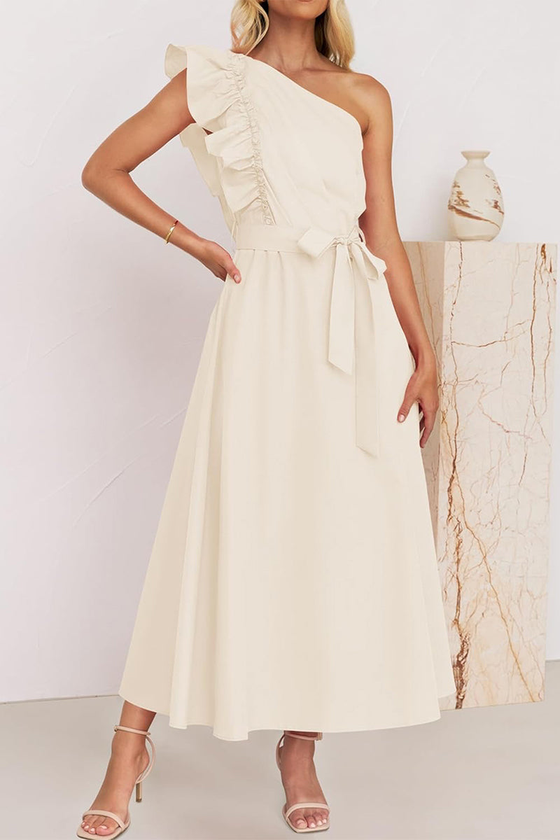 Vestidos elegantes de corte A con cuello oblicuo, banda elástica y orillo de hilo (5 colores)