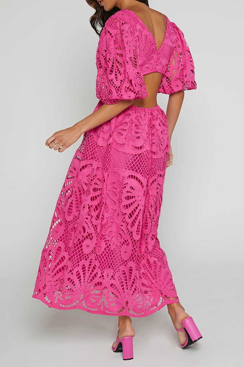 Vestido sexy de encaje liso bordado con escote en V ahuecado (4 colores)