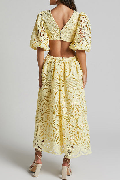 Vestido sexy de encaje liso bordado con escote en V ahuecado (4 colores)