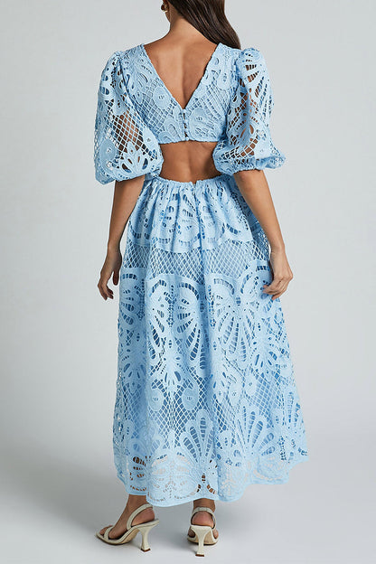 Vestido sexy de encaje liso bordado con escote en V ahuecado (4 colores)