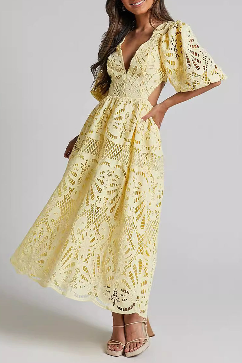 Vestido sexy de encaje liso bordado con escote en V ahuecado (4 colores)