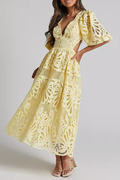 Vestido sexy de encaje liso bordado con escote en V ahuecado (4 colores)