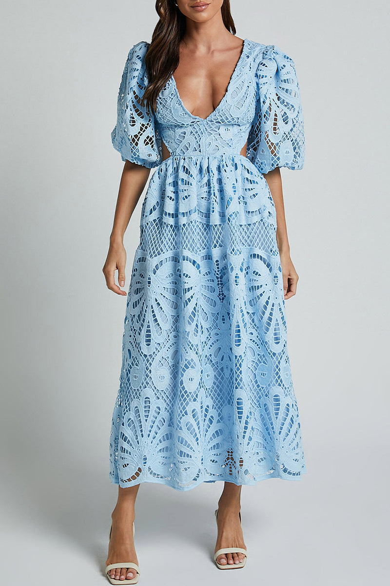 Vestido sexy de encaje liso bordado con escote en V ahuecado (4 colores)