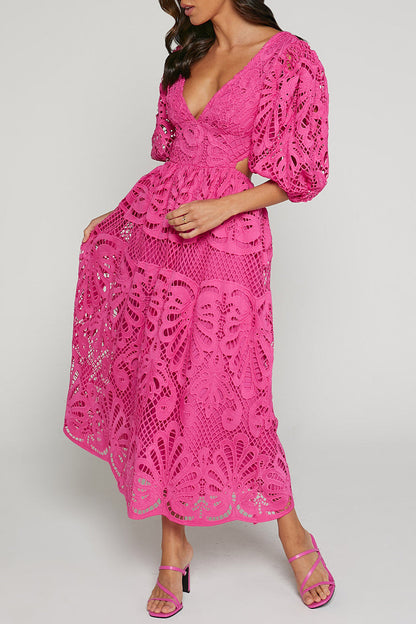 Vestido sexy de encaje liso bordado con escote en V ahuecado (4 colores)